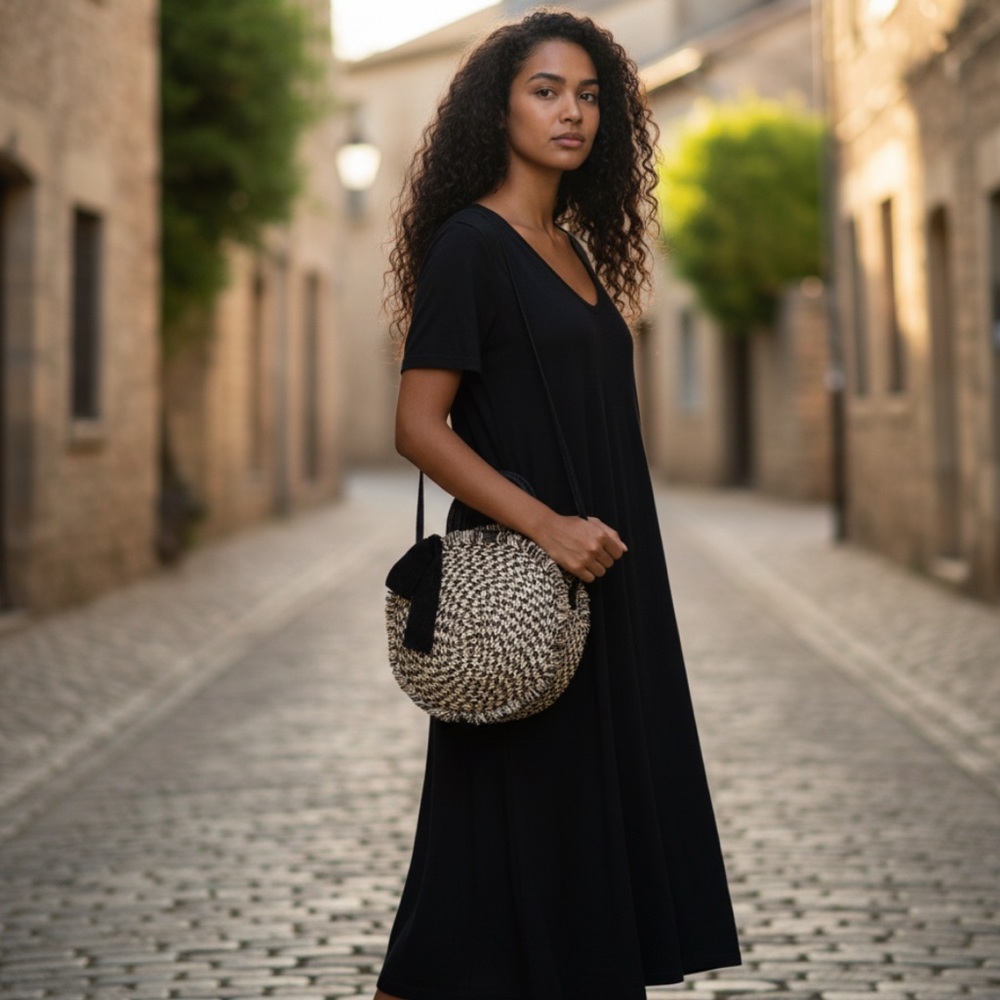 Mudpie brand cute as a button round weaved look casual bag.